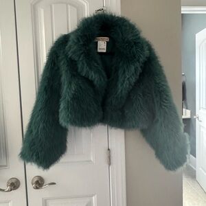 Free People green Paris cropped Faux Fur Coat with pockets